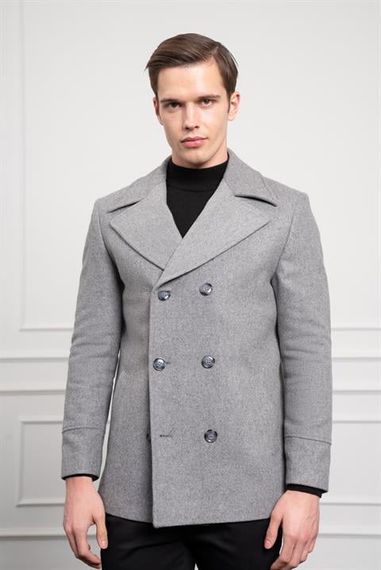 Morven Erkek Gri Yünlü Kruvaze Dynamic Fit Sivri Yaka Kaban - photo 3