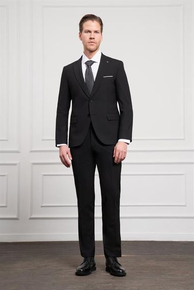 Morven Erkek Siyah Basic Düz Desen Slim Fit Sivri Yaka Takım Elbise - fotoğraf 2