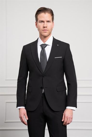 Morven Erkek Siyah Basic Düz Desen Slim Fit Sivri Yaka Takım Elbise - fotoğraf 1