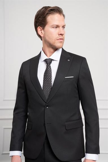 Morven Erkek Siyah Basic Jakar Desen Slim Fit Sivri Yaka Takım Elbise - fotoğraf 5