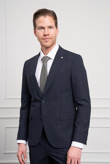Morven Erkek Lacivert Yünlü Slim Fit Sivri Yaka Takım Elbise - fotoğraf 1