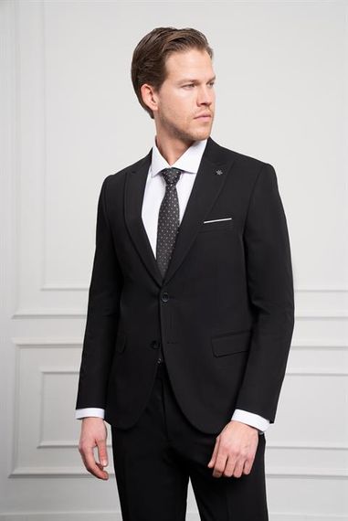 Morven Erkek Siyah Basic Düz Desen Slim Fit Dar Kesim Sivri Yaka Takım Elbise - صورة 4