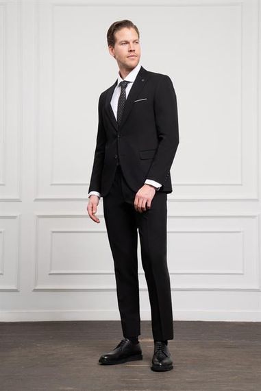 Morven Erkek Siyah Basic Düz Desen Slim Fit Dar Kesim Sivri Yaka Takım Elbise - صورة 3