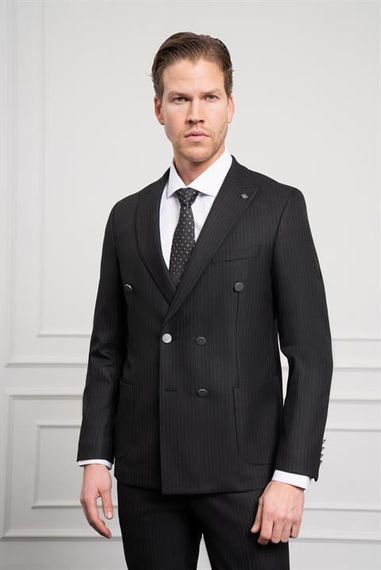 Morven Erkek Siyah Trend Kruvaze Slim Fit Dar Kesim Sivri Yaka Takım Elbise - фото 1