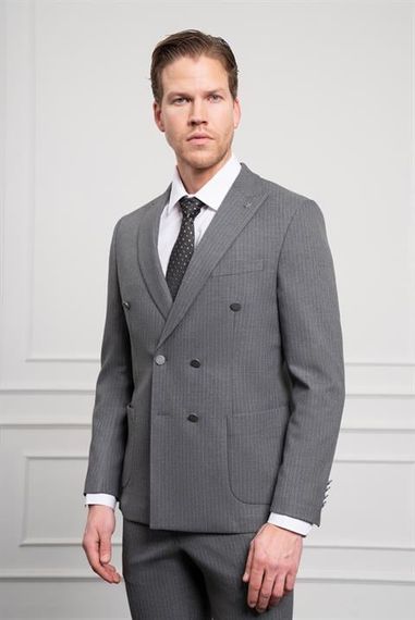 Morven Erkek Füme Trend Kruvaze Slim Fit Dar Kesim Sivri Yaka Takım Elbise - fotoğraf 1
