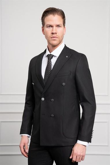 Morven Erkek Siyah Trend Kruvaze Slim Fit Dar Kesim Sivri Yaka Takım Elbise - фото 4