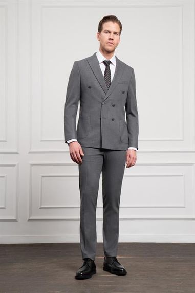 Morven Erkek Füme Trend Kruvaze Slim Fit Dar Kesim Sivri Yaka Takım Elbise - fotoğraf 3