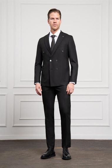 Morven Erkek Siyah Trend Kruvaze Slim Fit Dar Kesim Sivri Yaka Takım Elbise - фото 3