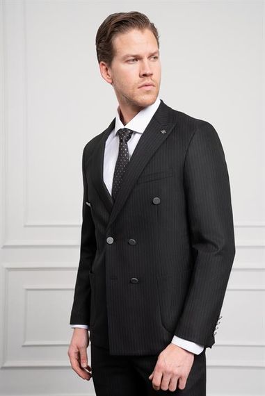 Morven Erkek Siyah Trend Kruvaze Slim Fit Dar Kesim Sivri Yaka Takım Elbise - фото 5