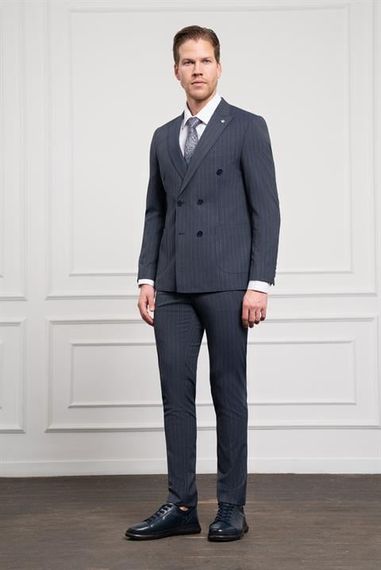 Morven Erkek Lacivert Trend Slim Fit Sivri Yaka Kruvaze Takım Elbise - фото 3