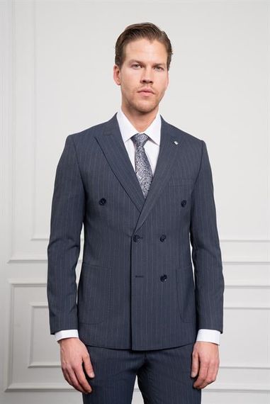 Morven Erkek Lacivert Trend Slim Fit Sivri Yaka Kruvaze Takım Elbise - фото 1