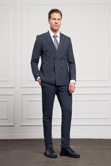 Morven Erkek Lacivert Trend Slim Fit Sivri Yaka Kruvaze Takım Elbise - фото 4