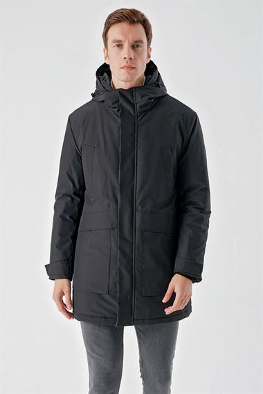 Мужская черная пуховка Morven с капюшоном, 100% полиэстер, кнопочная и молниевая застежка, длинные рукава, динамичная посадка - фото 3