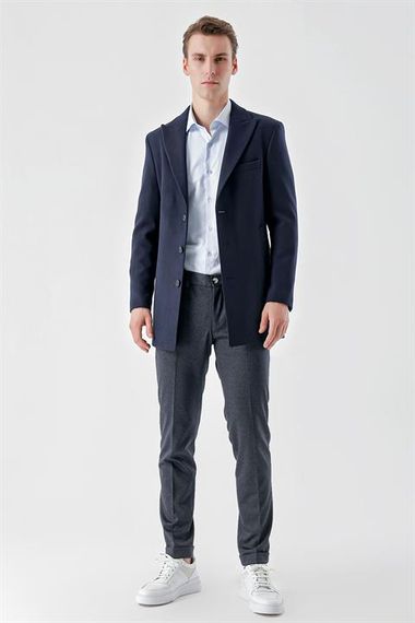 Morven Men's Navy Blue Plain Pattern Buttoned Pointed Collar Dynamic Fit Cuff Coat - photo 2