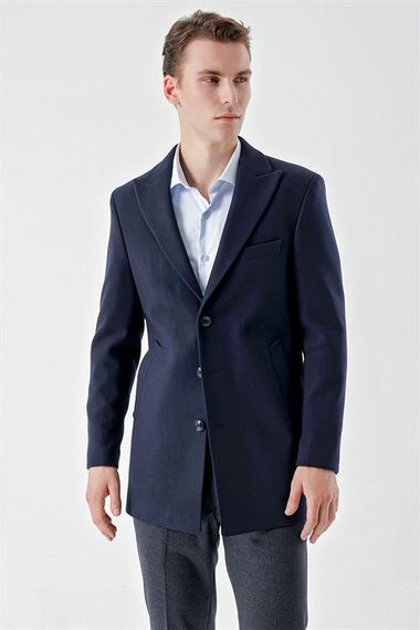 Morven Men's Navy Blue Plain Pattern Buttoned Pointed Collar Dynamic Fit Cuff Coat - photo 5