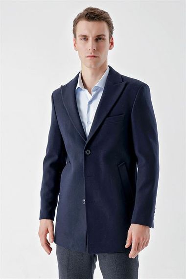 Morven Men's Navy Blue Plain Pattern Buttoned Pointed Collar Dynamic Fit Cuff Coat - photo 4