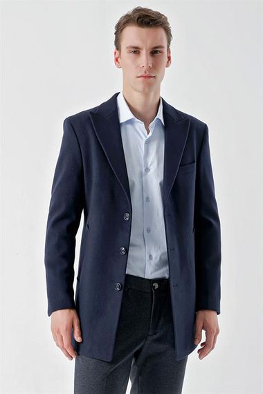 Morven Men's Navy Blue Plain Pattern Buttoned Pointed Collar Dynamic Fit Cuff Coat - photo 3