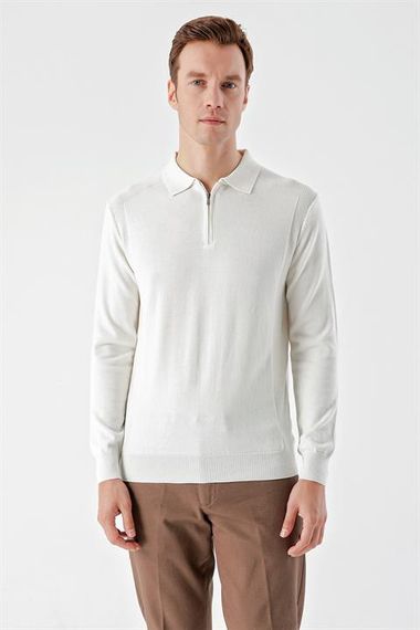 Чоловіча поло-футболка Morven кольору екру з динамичною посадкою, замком на блискавці, 50% бавовна та 50% акрил, довгий рукав - фото 1