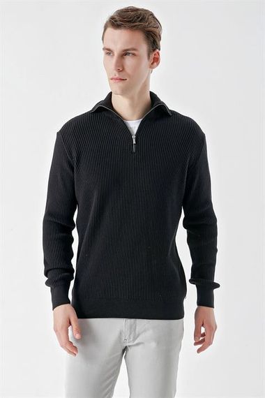 Чоловіча чорна стейк-поло з блискавкою, динамічний фіт, зручний крій, 50% бавовна, 50% акрил, довгий рукав - фото 2