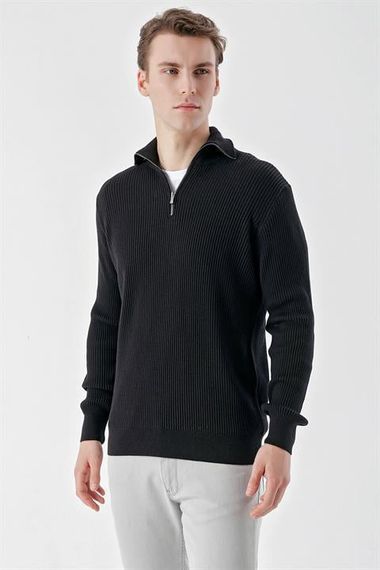 Чоловіча чорна стейк-поло з блискавкою, динамічний фіт, зручний крій, 50% бавовна, 50% акрил, довгий рукав - фото 3