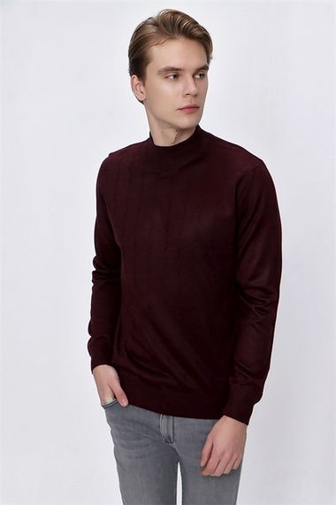 Morven Erkek Koyu Bordo Yün Jakarlı Dynamic Fit Rahat Kalıp Yarım Balıkçı Triko - fotoğraf 4
