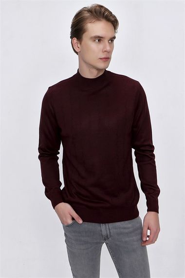 Morven Erkek Koyu Bordo Yün Jakarlı Dynamic Fit Rahat Kalıp Yarım Balıkçı Triko - fotoğraf 2