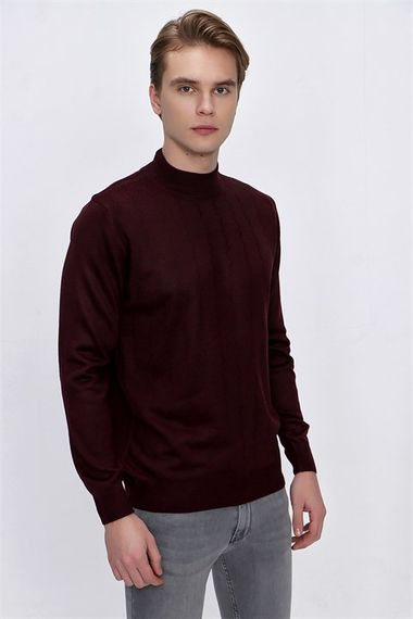  Morven Erkek Koyu Bordo Yün Jakarlı Dynamic Fit Rahat Kalıp Yarım Balıkçı Triko - fotoğraf 3