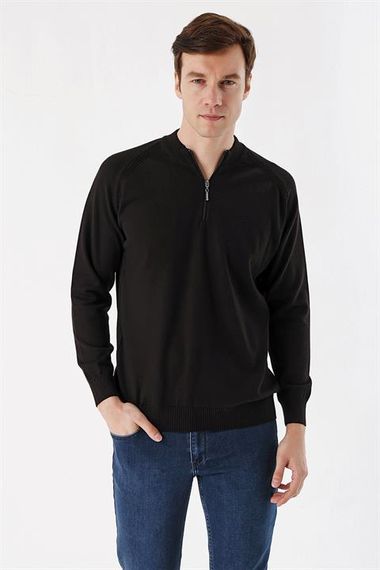 Morven Men's Black Zippered Standing Collar Dynamic Fit Patterned Knitwear Sweater - photo 1