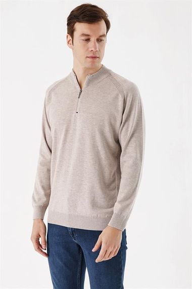 Morven Men's Beige Zippered Standing Collar Dynamic Fit Patterned Knitwear Sweater - photo 2