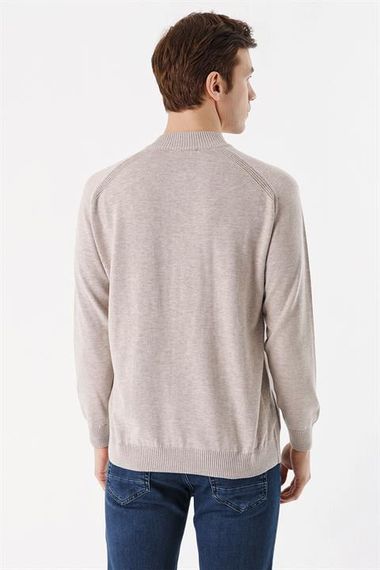 Morven Men's Beige Zippered Standing Collar Dynamic Fit Patterned Knitwear Sweater - photo 5