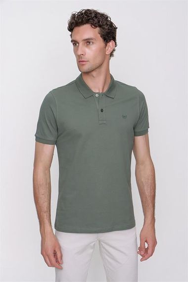 Erkek Haki Basic Düz %100 Pamuk Slim Fit Dar Kesim Kısa Kollu Polo Yaka Tişört - фото 3