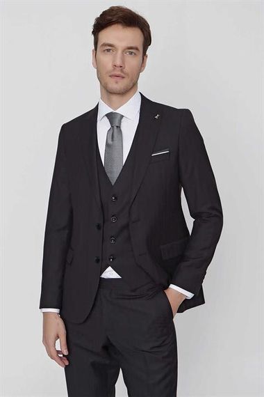 Morven Erkek Siyah Oscar Çizgili Yelekli Slim Fit Dar Kesim 6 Drıop Takım Elbise - fotoğraf 3