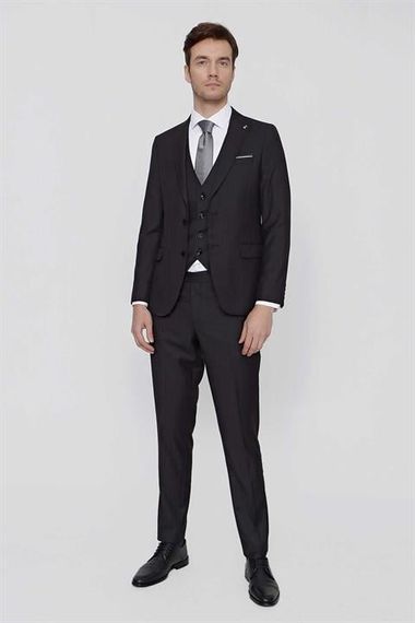 Morven Erkek Siyah Oscar Çizgili Yelekli Slim Fit Dar Kesim 6 Drıop Takım Elbise - fotoğraf 1