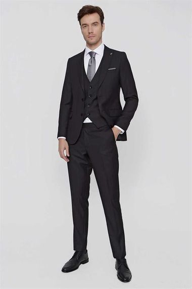 Morven Erkek Siyah Oscar Çizgili Yelekli Slim Fit Dar Kesim 6 Drıop Takım Elbise - fotoğraf 2