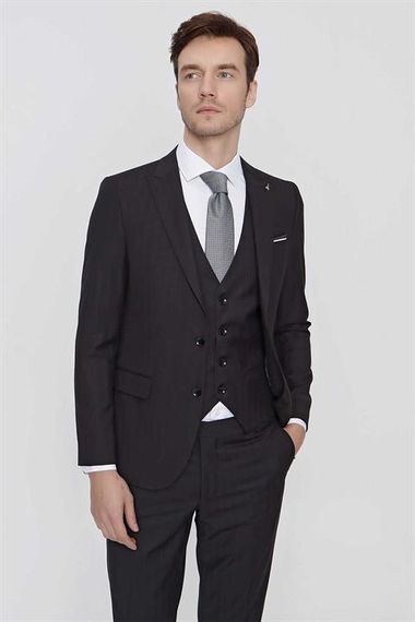 Morven Erkek Siyah Oscar Çizgili Yelekli Slim Fit Dar Kesim 6 Drıop Takım Elbise - fotoğraf 4