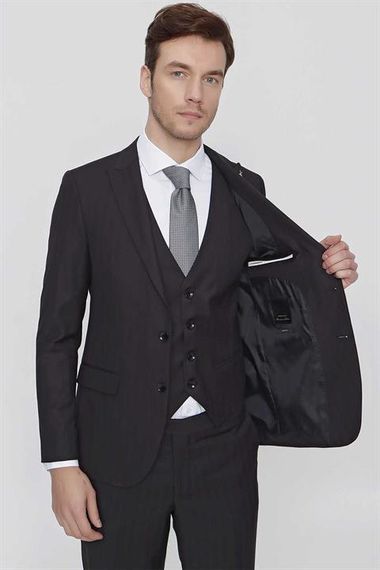 Morven Erkek Siyah Oscar Çizgili Yelekli Slim Fit Dar Kesim 6 Drıop Takım Elbise - fotoğraf 5