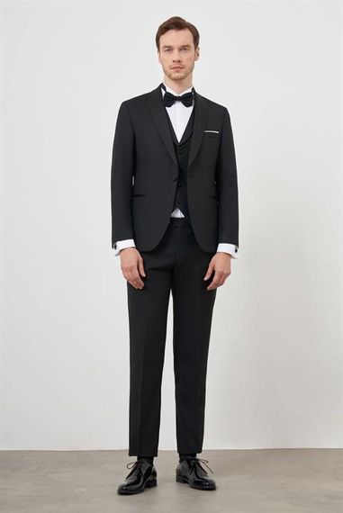 Чорний полівісконовий смокінг Morven для чоловіків з шаловим коміром, Slim Fit, довгі рукави, дві застібки, повна підкладка - фото 1