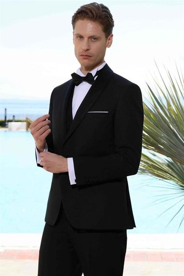 Чорний полівісконовий смокінг Morven для чоловіків з шаловим коміром, Slim Fit, довгі рукави, дві застібки, повна підкладка - фото 5