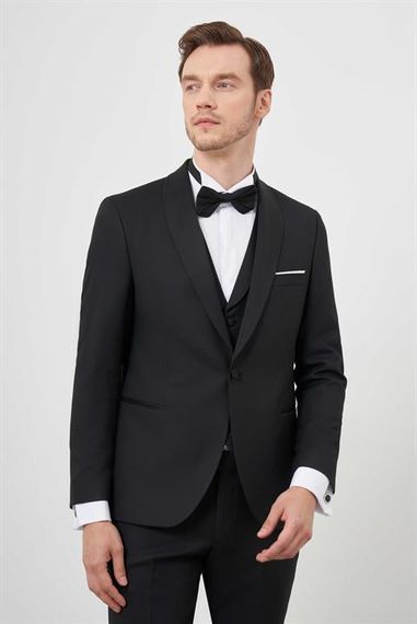 Чорний полівісконовий смокінг Morven для чоловіків з шаловим коміром, Slim Fit, довгі рукави, дві застібки, повна підкладка - фото 4