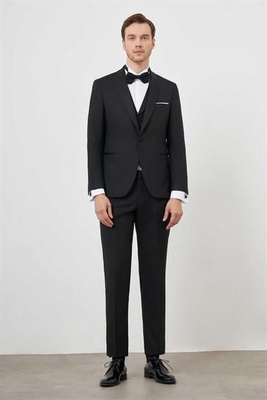 Чорний полівісконовий смокінг Morven для чоловіків з шаловим коміром, Slim Fit, довгі рукави, дві застібки, повна підкладка - фото 2