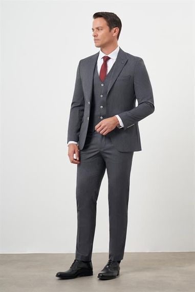 Morven Erkek Füme Poliviskon Trend Yelekli Çizgili Desen Slim Fit  Sivri Yaka Takım Elbise - photo 3