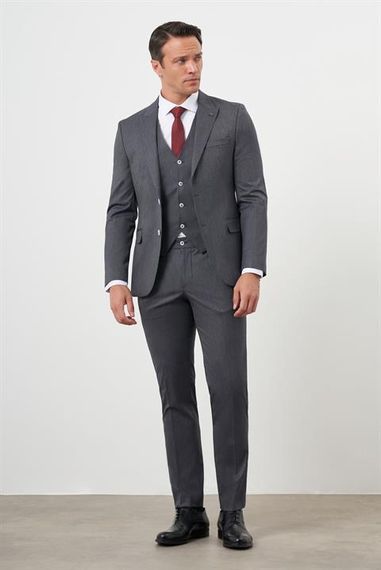 Morven Erkek Füme Poliviskon Trend Yelekli Çizgili Desen Slim Fit  Sivri Yaka Takım Elbise - photo 2