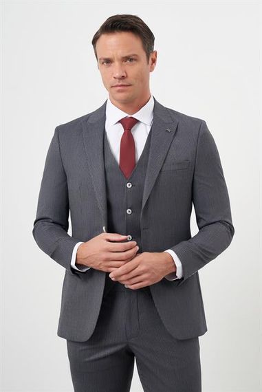 Morven Erkek Füme Poliviskon Trend Yelekli Çizgili Desen Slim Fit  Sivri Yaka Takım Elbise - photo 4