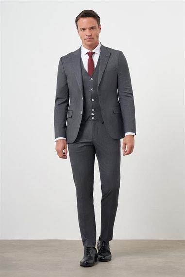 Morven Erkek Füme Poliviskon Trend Yelekli Çizgili Desen Slim Fit  Sivri Yaka Takım Elbise - photo 1