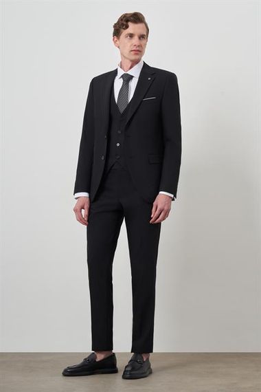 Morven Erkek Siyah Poliviskon Basic Yelekli Slim Fit Mono Yaka Takım Elbise - صورة 2
