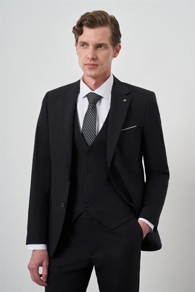 Morven Erkek Siyah Poliviskon Basic Yelekli Slim Fit Mono Yaka Takım Elbise - صورة 1