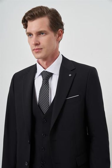 Morven Erkek Siyah Poliviskon Basic Yelekli Slim Fit Mono Yaka Takım Elbise - صورة 3