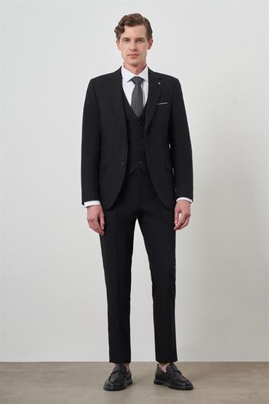 Morven Erkek Siyah Poliviskon Basic Yelekli Slim Fit Mono Yaka Takım Elbise - صورة 5