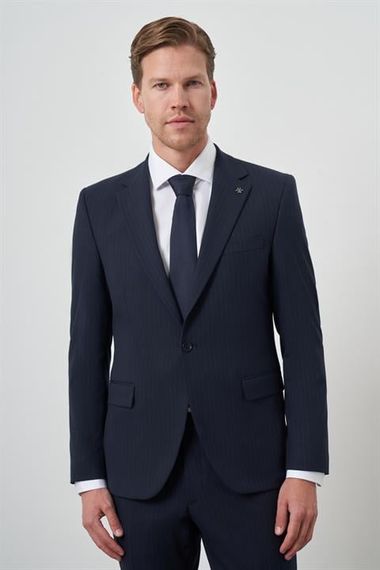 Morven Erkek Lacivert Poliviskon Çizgili Slim Fit Mono Yaka Takım Elbise - صورة 1