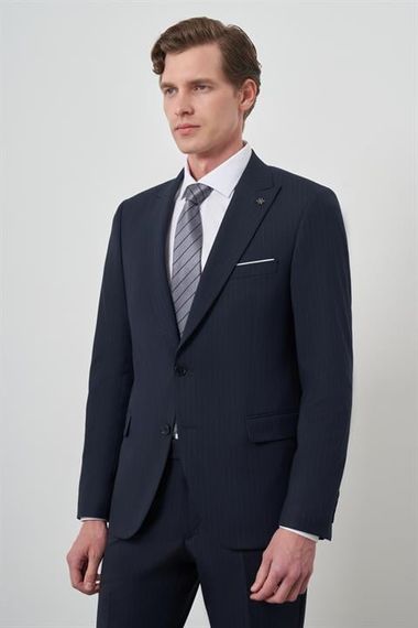 Morven Erkek Lacivert Poliviskon Çizgili Slim Fit Sivri Yaka Takım Elbise - صورة 3
